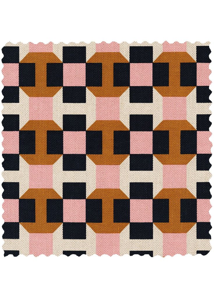 an orange, black and pink rug with squares on it