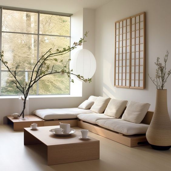 a living room filled with furniture and a large window next to a vase on top of a coffee table