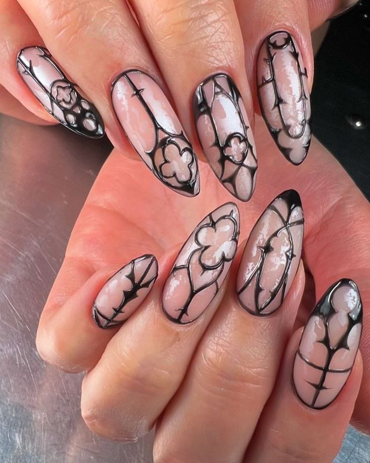 Dylan Pritchard | In My Renaissance Era Mad props to @blushnailartist for inspiring me to recreate this cathedral window look of hers! We played with… | Instagram Spooky Oval Nails, The Love Witch Nails, Asymmetric Nail Designs, Spooky Nail Designs Almond, Mid Length Nail Ideas, Nail Ideas Spooky, Alt Goth Nails, Incredible Nail Art, Silence Of The Lambs Nails