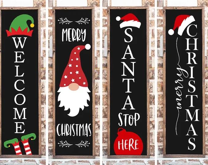 three christmas door hangers decorated with santa's hats, stockings and other holiday decorations