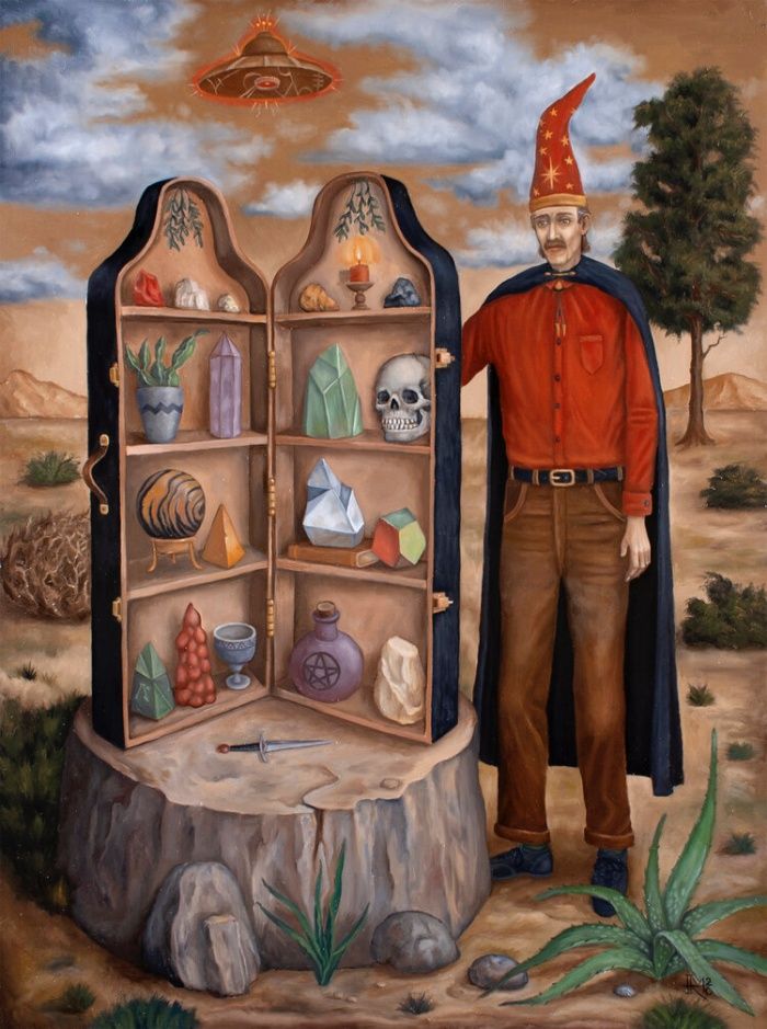 a painting of a man standing in front of a book case with skulls and other items