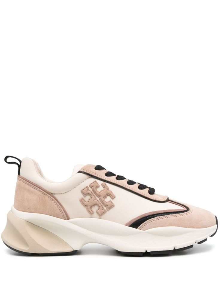 light beige/multicolour calf suede panelled design front lace-up fastening pull-tab at the heel signature Double T motif logo patch to the side round toe branded insole chunky rubber sole Tory Burch Sneakers, Round Toe Shoes, Ballet Flat Shoes, Pump Sandals, Lug Sole, Tory Burch Shoes, Pull Tab, Top Shoes, Light Beige