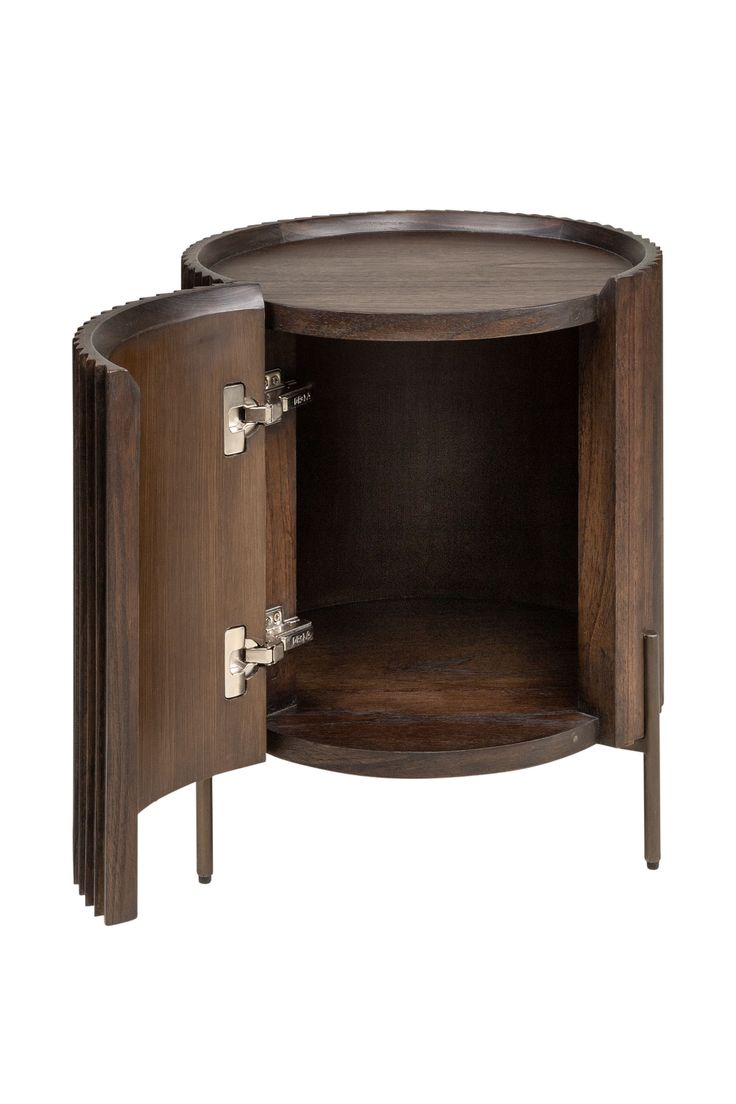 the side table is made from wood and has two doors on one side, with metal handles