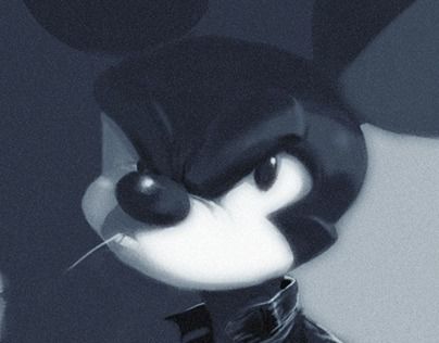 a black and white photo of a mickey mouse with an evil look on his face