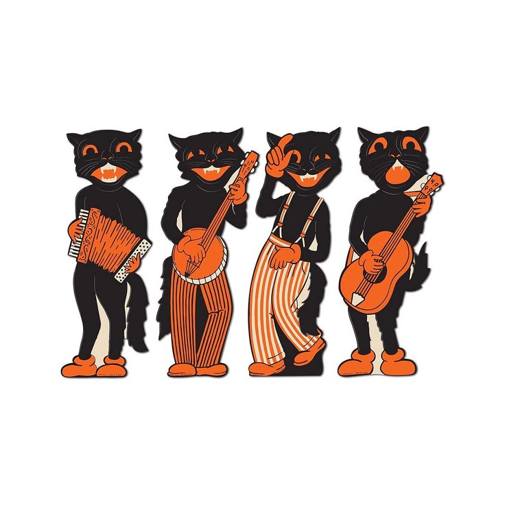 three black cats with orange and white outfits are playing the ukulele guitar together