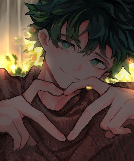 an anime character with green hair is looking at the camera and has his hands on his chest