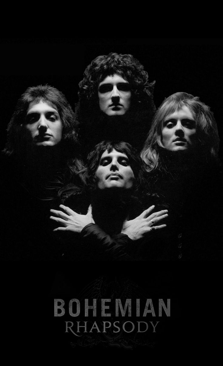 the band bohemian rhapsody in black and white with their arms around each other