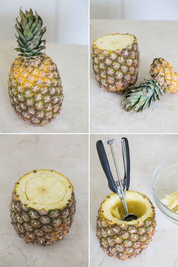 four pictures showing how to make a pineapple upside down cake