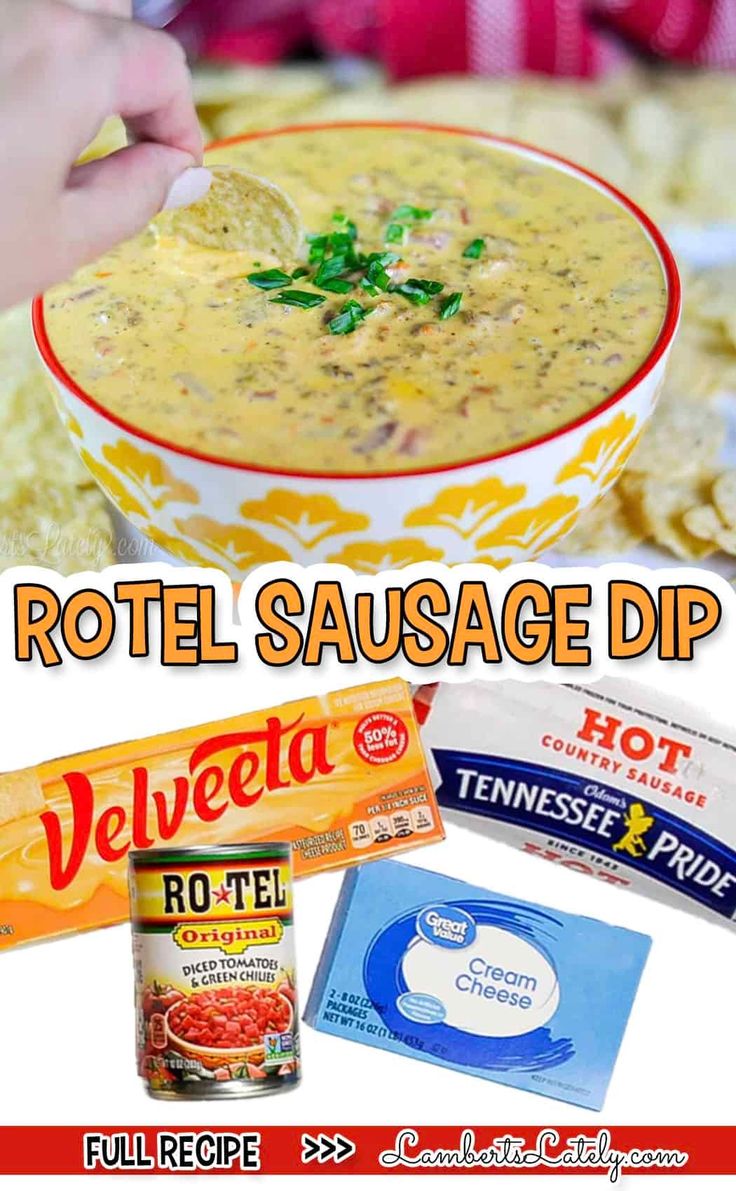 a bowl of soup is shown with the words hotel sausage dip