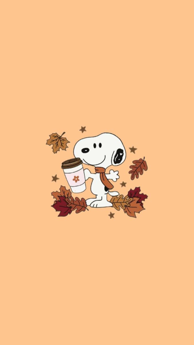 a cartoon dog holding a cup of coffee in its paws with autumn leaves around it