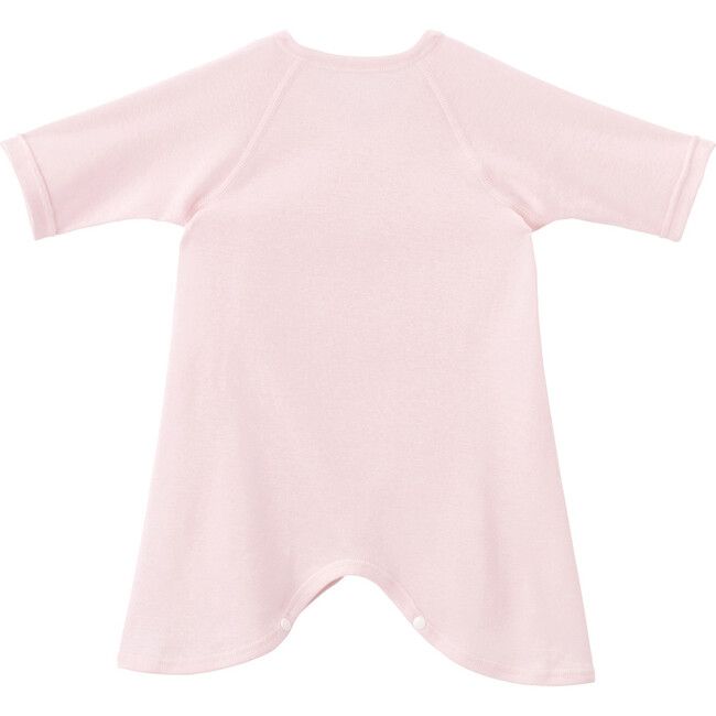 Our signature hadagi bodysuit in beautiful, classic colors. All of our hadagi are 100% cotton and Made in Japan. The fabric is warm, elastic, breathable, highly absorbent and sweat-wicking. The loose kimono structure makes this item adjustable, easy to take on and off, and great for layering. The snap buttons at the bottom securely stay shut for even the most active of babies, but give ample leg room for comfort. The perfect essential item for newborns and great all year round. | Miki House | Cl Cotton Bodysuit For Loungewear, Fitted Cotton Bodysuit For Loungewear, Fitted Pink Onesie For Loungewear, Pink Cotton Bodysuit For Loungewear, Stretch Cotton Short Sleeve Bodysuit For Loungewear, Pink Cotton Short Sleeve Bodysuit, Fitted Pink Sleepwear For Relaxation, Pink Stretch Short Sleeve Bodysuit, Pink Stretch Bodysuit With Short Sleeves