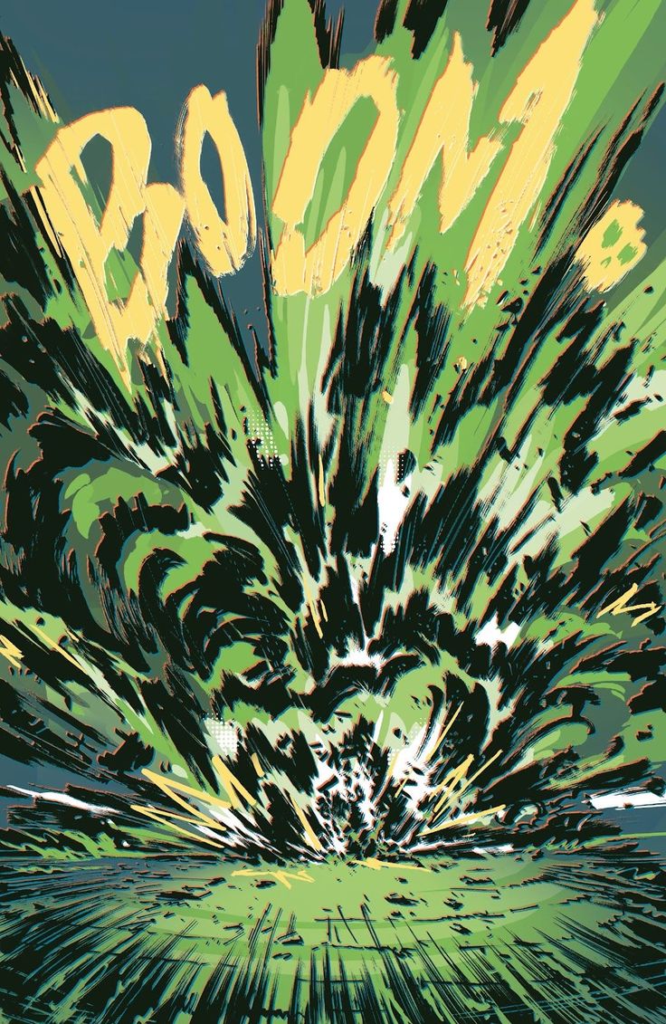 an abstract painting with the word boom in yellow and green