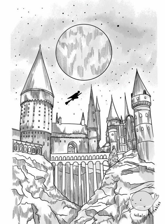 a black and white drawing of hogwarts castle with a flying bird in the sky