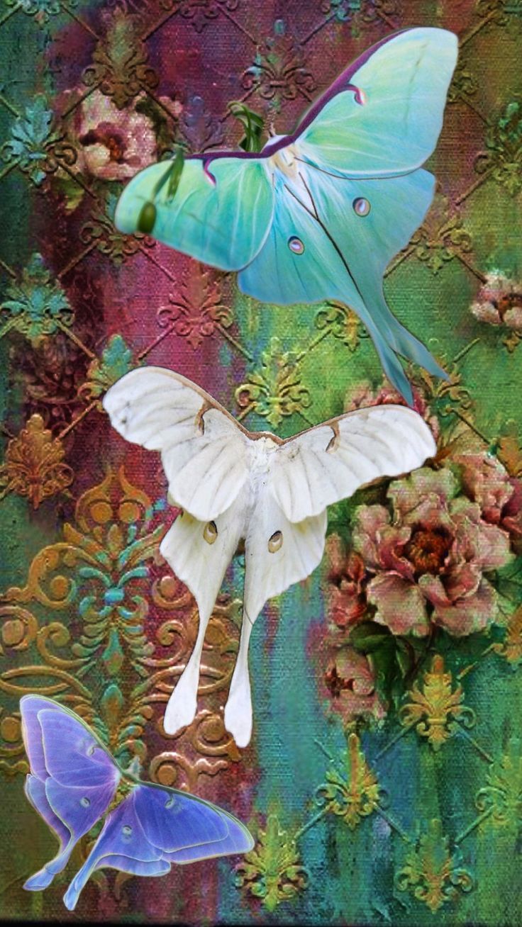 an artistic painting with butterflies and flowers