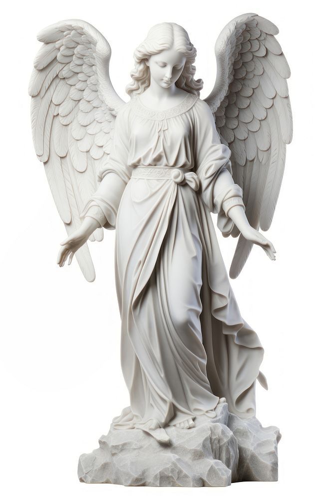 an angel statue is shown on a white background