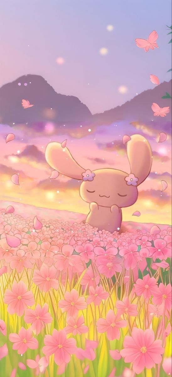 a cartoon character standing in the middle of a field with pink flowers and butterflies flying around