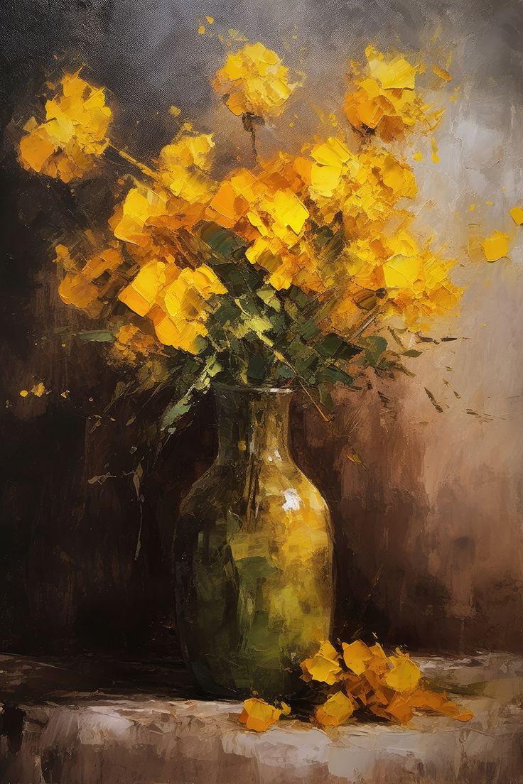 a painting of yellow flowers in a green vase