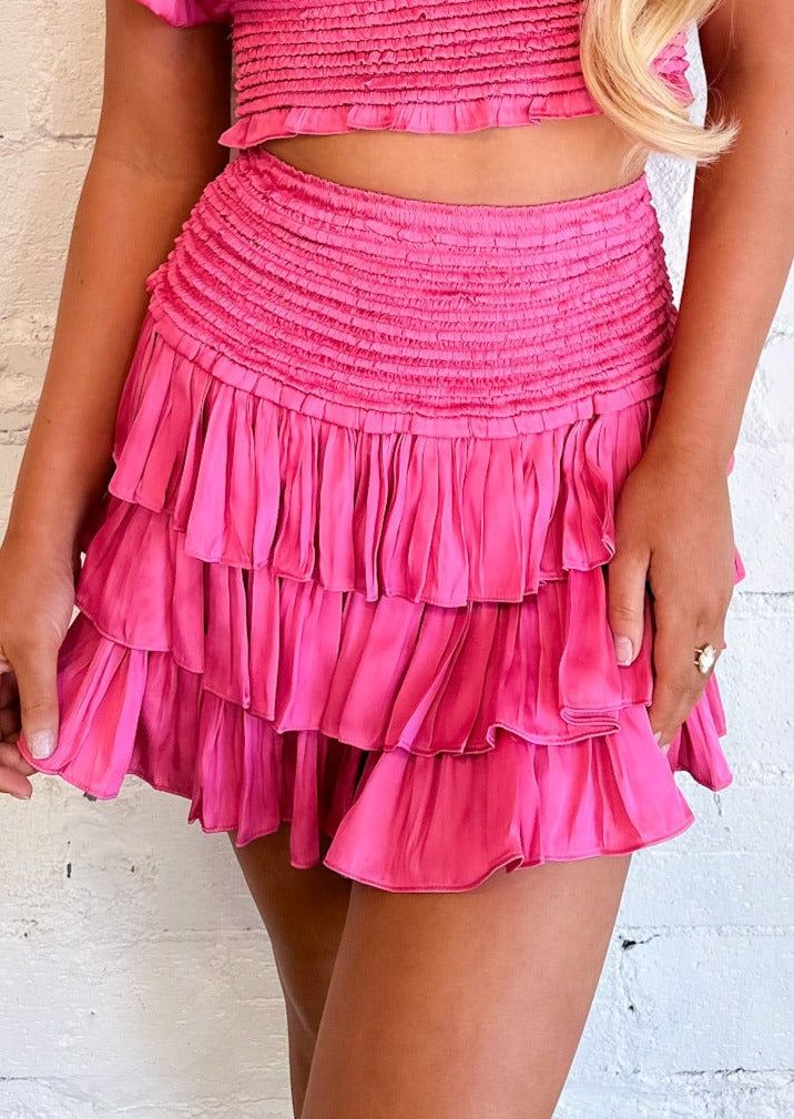 Seychelles Ruffle Skort Feminine Tiered Ruffled Skirt, Feminine Tiered Bottoms With Layered Hem, Tiered Layered Hem Feminine Bottoms, Summer Feminine Tiered Mini Skirt, Pink Mini Skirt For Brunch, Chic Tiered Pleated Bottoms, Flirty Tiered Ruffled Skirt Bottoms, Tiered Ruffle Bottoms For Brunch, Chic Pleated Tiered Bottoms