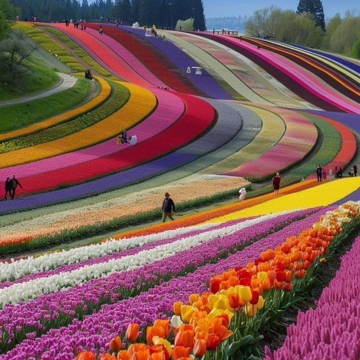 people are walking through a field full of tulips and other flowers in the foreground