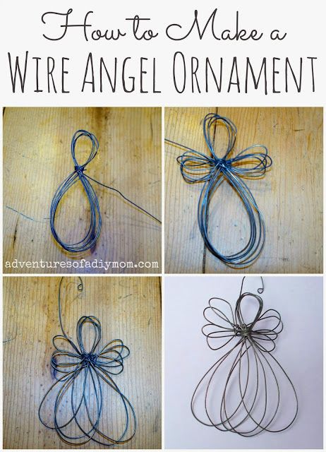 four different pictures of wire wrapped in various shapes and sizes, each with a bow