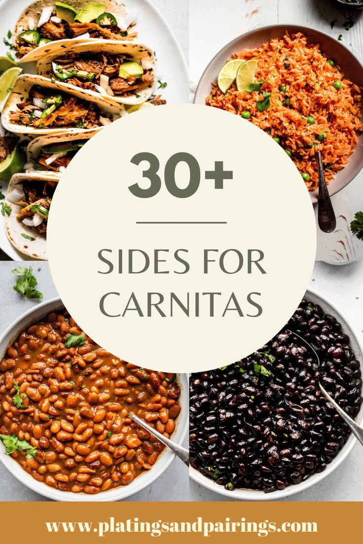 the words 30 side dishes for carnitass are in white bowls with spoons and