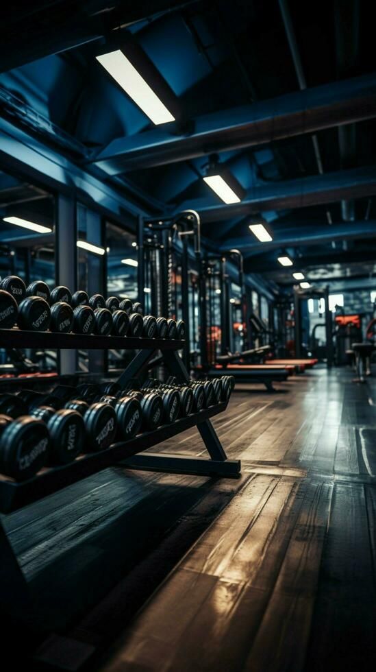 an empty gym with rows of dumbbells in the foreground and lights shining on the floor