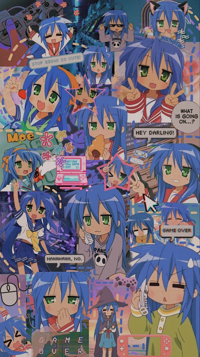 an anime character collage with blue hair and green eyes, surrounded by other characters