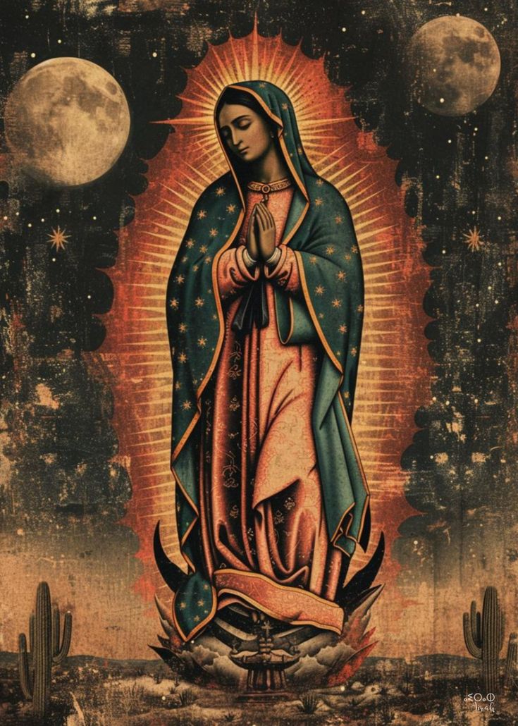 an image of the virgin mary with cactuses and moon in the sky behind it