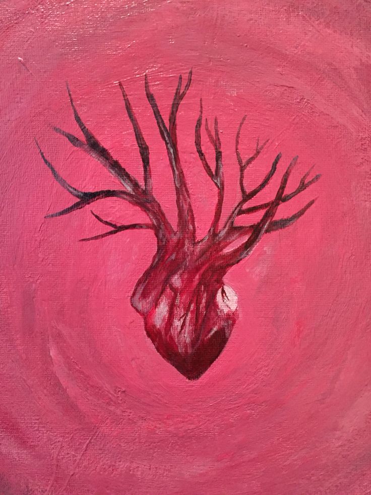 a painting of a heart with branches in the shape of a tree on a pink background