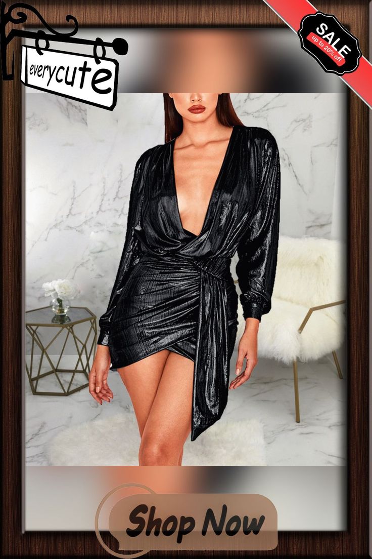 Sexy Fashion Slim Fit V-neck Dress Glamorous Black V-neck Bodycon Dress, Flirty V-neck Evening Dress, Flirty Fitted V-neck Wrap Dress, Chic V-neck Mini Dress For Evening, Glamorous Spring V-neck Party Dress, Chic V-neck Mini Dress For Fall, Flirty V-neck Dress For Party Season, Glamorous Mini Length V-neck Evening Dress, Glamorous Mini V-neck Evening Dress