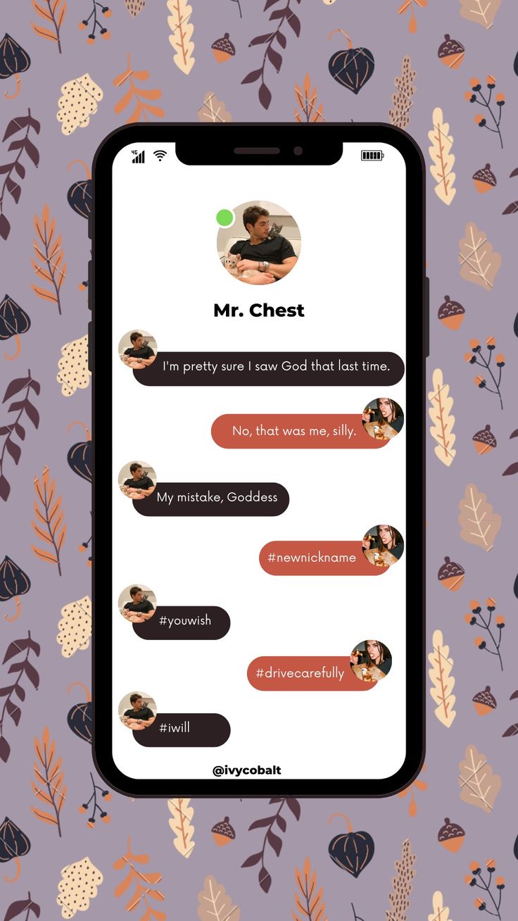 an iphone screen with the text mr and mrs chat on it, surrounded by leaves