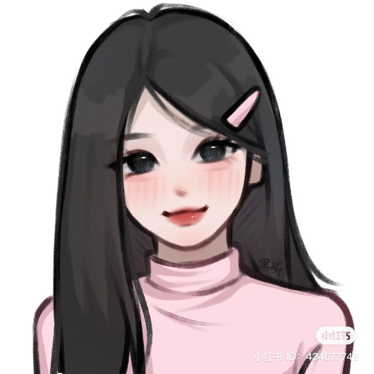 a drawing of a girl with long black hair wearing a pink shirt and cat ears