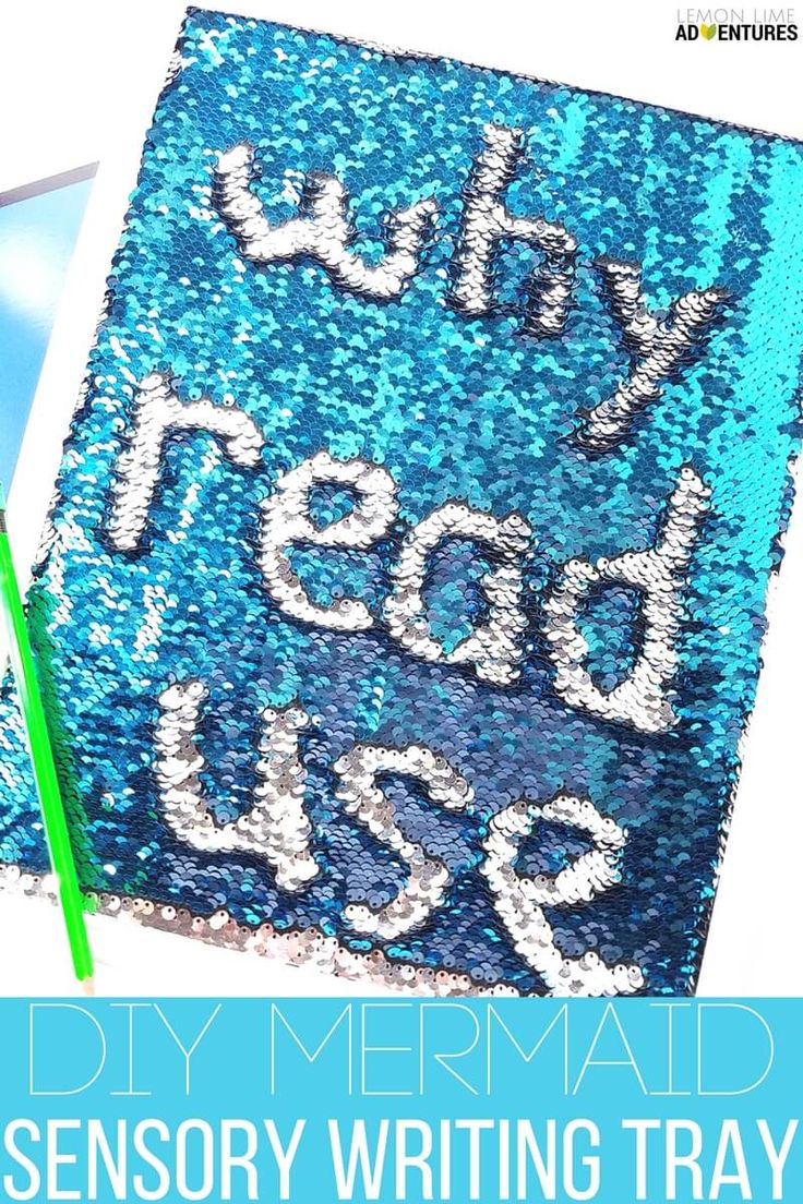 a blue sequin notebook with the words dry read use written on it