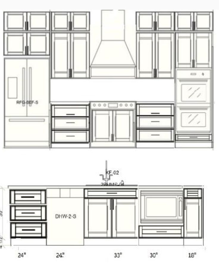 two drawings of kitchen cabinets and drawers with the measurements for each cabinet, one is shown in