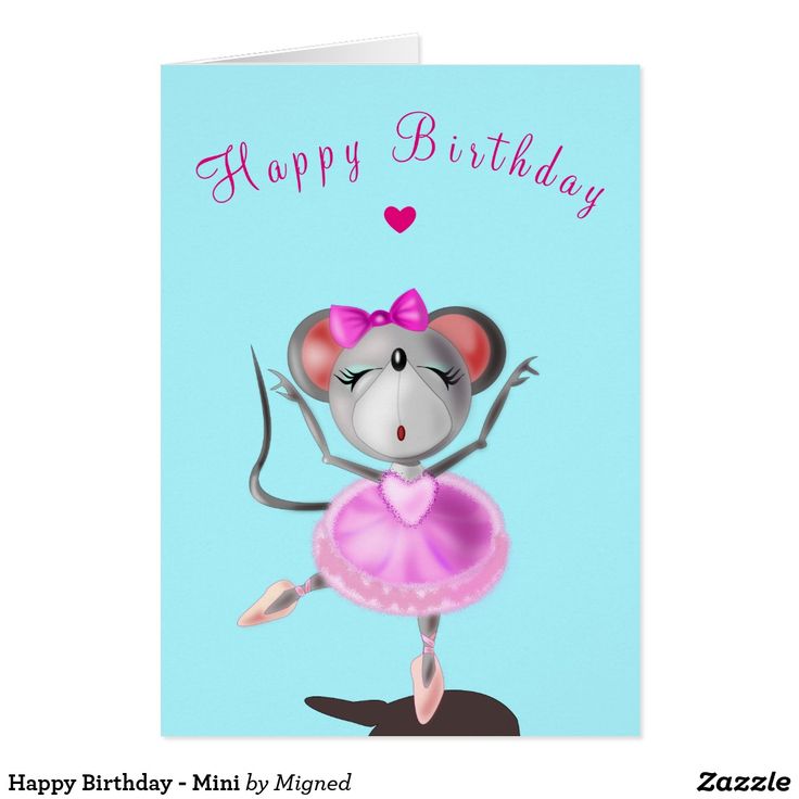 a happy birthday card with a mouse in a pink dress