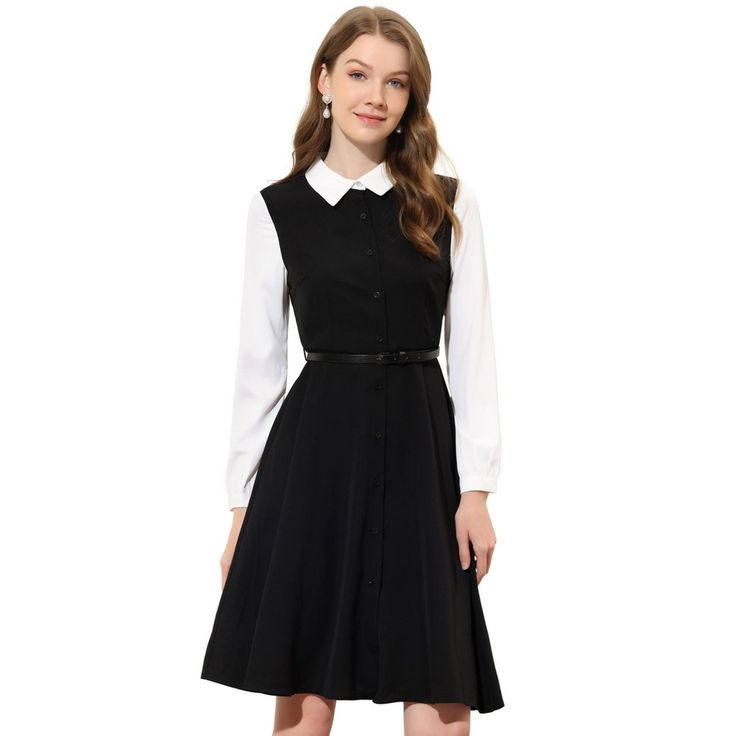 Elegant vintage style with a contrast collar and long sleeves, this dress is charming and fashionable. This time in the vintage form shirt dress with a waist belt takes you stylishly from work to the weekend. This short dress features a contrast turn-down collar and long sleeves that fall to a floaty hem. A refined contrast collar and a waist belt, accentuate the elegance of this A-Line short dress. Black Dress Over White Shirt, Black Dress With White Shirt Underneath, Millionaire Outfit, Office Outfits Women Dress, Collar Dresses Outfit, Black Dress White Collar, Black Dress With White Collar, Life Costume, Black Moodboard