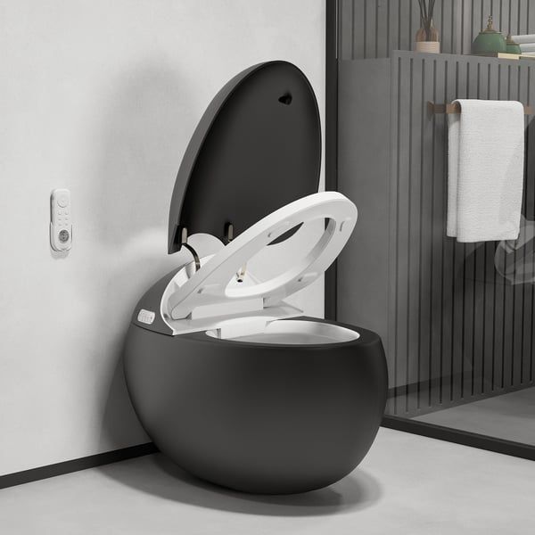 an unusual toilet with the lid open in a bathroom