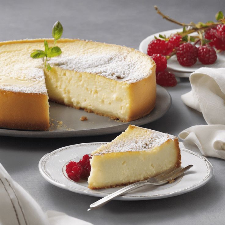 a cheesecake with raspberries on plates next to it