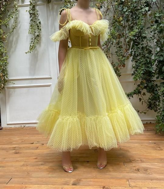 Stargazer Dots Gown – Teuta Matoshi Yellow Tulle Dress With Fitted Bodice, Yellow Fitted Tulle Dress, Yellow Tulle Dress For Prom Season, Yellow Tulle Evening Dress, Tea Length Tulle Midi Dress For Prom, Spring Tea-length Corset Dress For Party, Spring Tea Length Corset Dress For Party, Spring Party Tea-length Corset Dress, Flowers Prom Dress