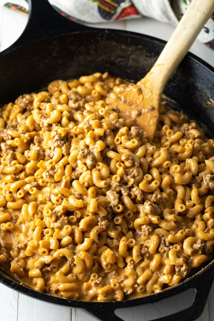 a skillet filled with macaroni and cheese