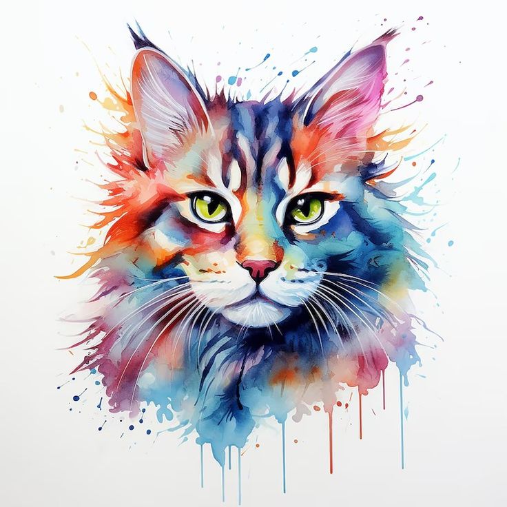 a watercolor painting of a cat's face with green eyes and orange, pink, blue, and yellow colors