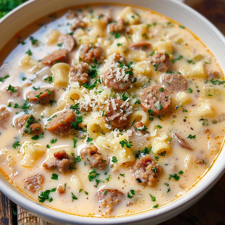 a white bowl filled with pasta and meat soup