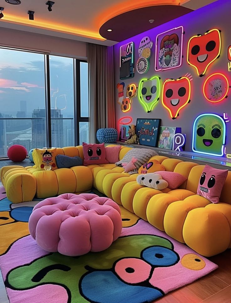 a living room filled with lots of colorful furniture