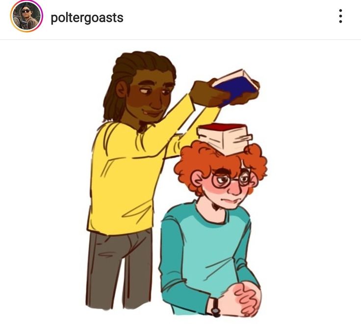 an image of two people with books on top of their heads and one is reading