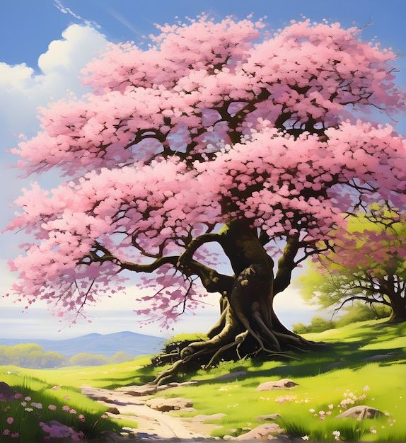 a painting of a tree with pink flowers in the foreground and a path leading to it