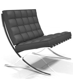 a black leather chair sitting on top of a metal frame