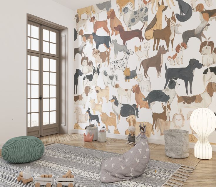 an animal themed wallpaper in a children's room with toys on the floor