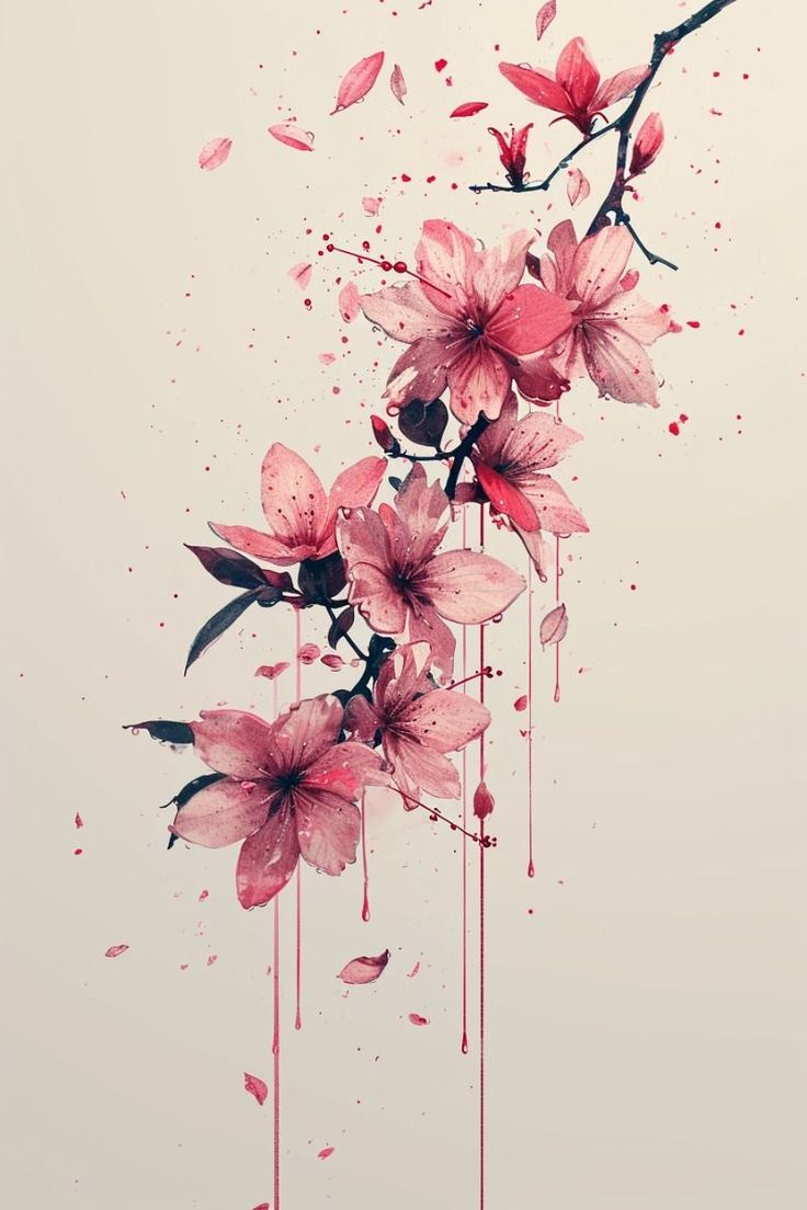 some pink flowers on a branch with blood dripping down the bottom and one flower in the middle