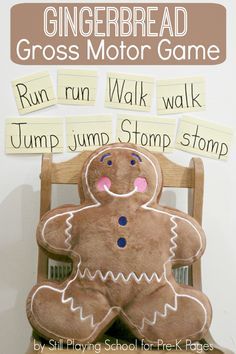 a gingerbread gross motor game for kids to play on the floor and in front of a chair