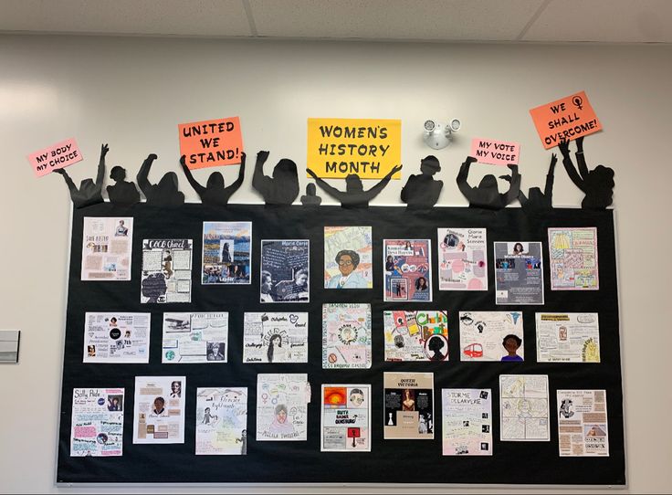 a bulletin board with people holding up signs and posters on the wall above it is written women's history month